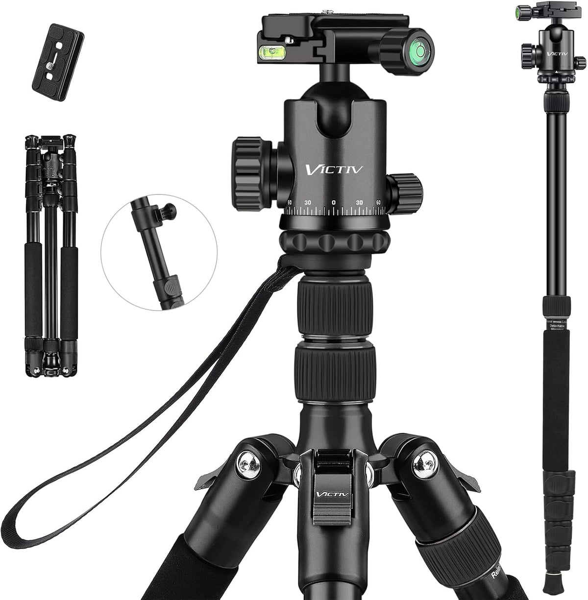 80" Aluminum Travel Tripod and Compact Monopod, 360 Degree Ball Head, 34lbs Load, Pack of 2 P868891