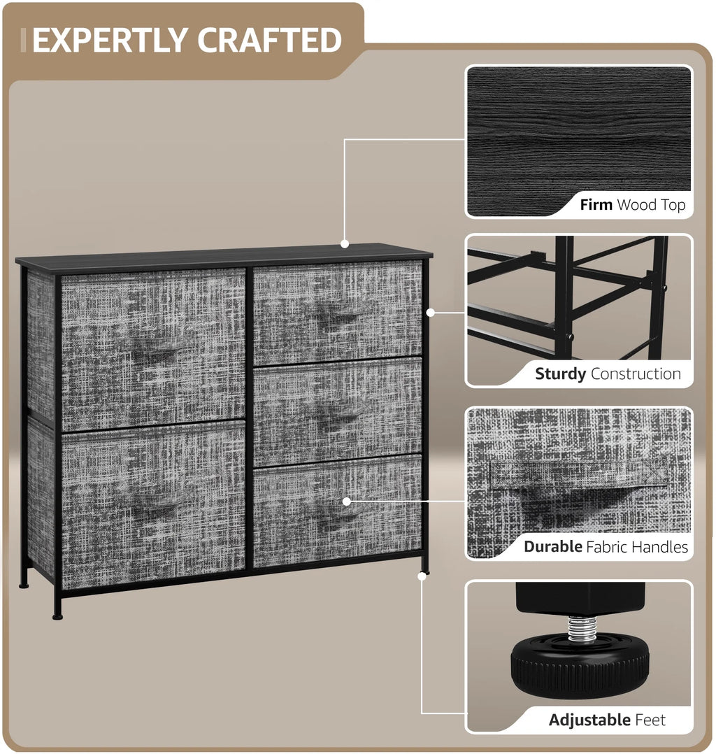 5 Drawer Fabric Storage Dresser with Wood Top E2838