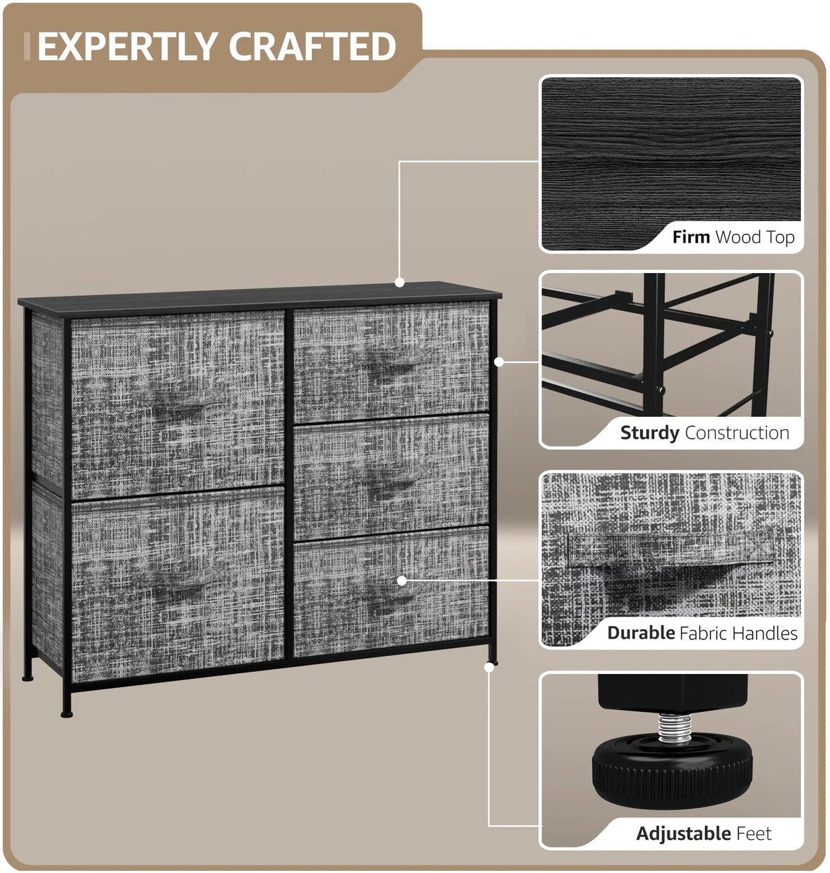 5 Drawer Fabric Storage Dresser with Wood Top E2838