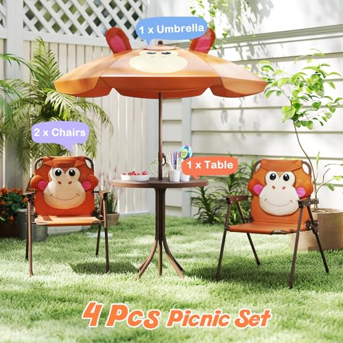 Kids Picnic Table and Chair Set with 2 Folding Chairs & Removable Umbrella I354359