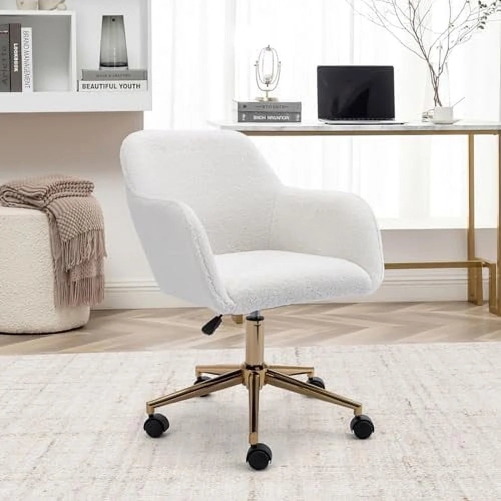 White Sherpa Desk Chair with Wheels and Arms S324