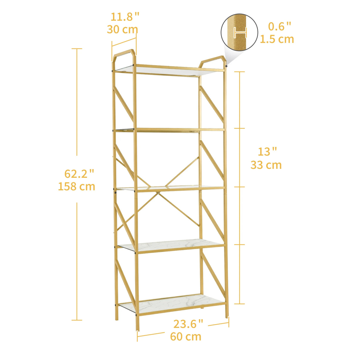 Gold 5 Tier Glass Shelves Bookshelf O4570