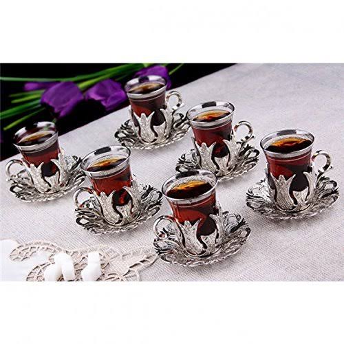 6 x Turkish Tea Glasses Set with Saucers Holders & Spoons (Silver) M696513