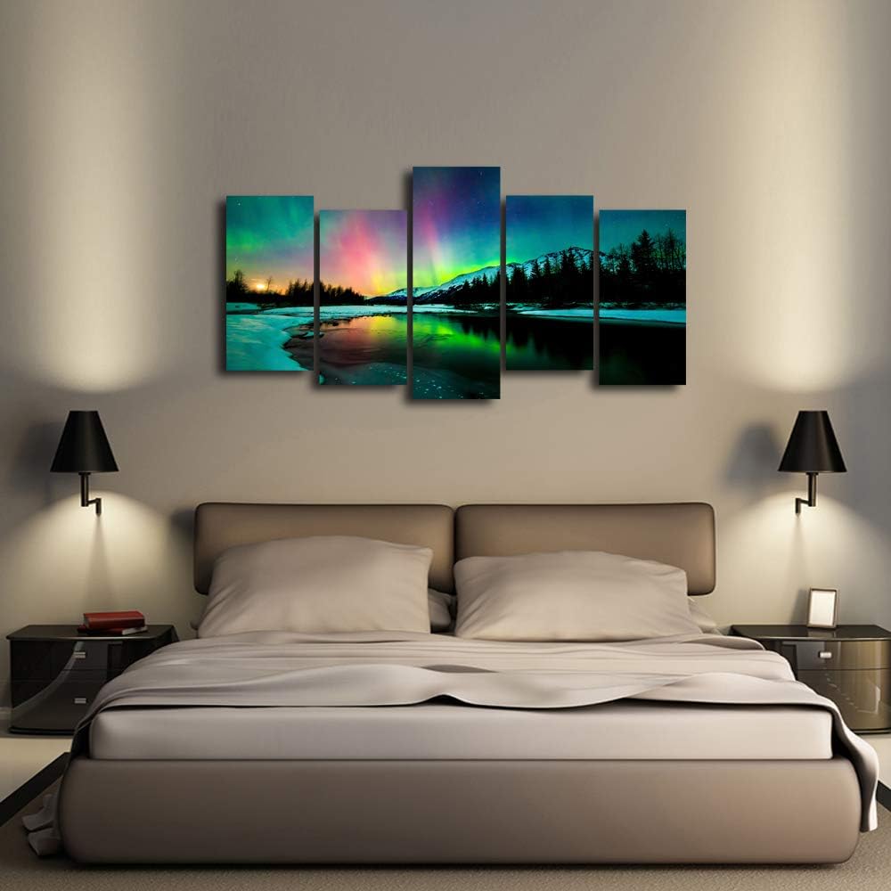5 Pieces Green Aurora Borealis Scenery Canvas Prints Ready to Hang F799469