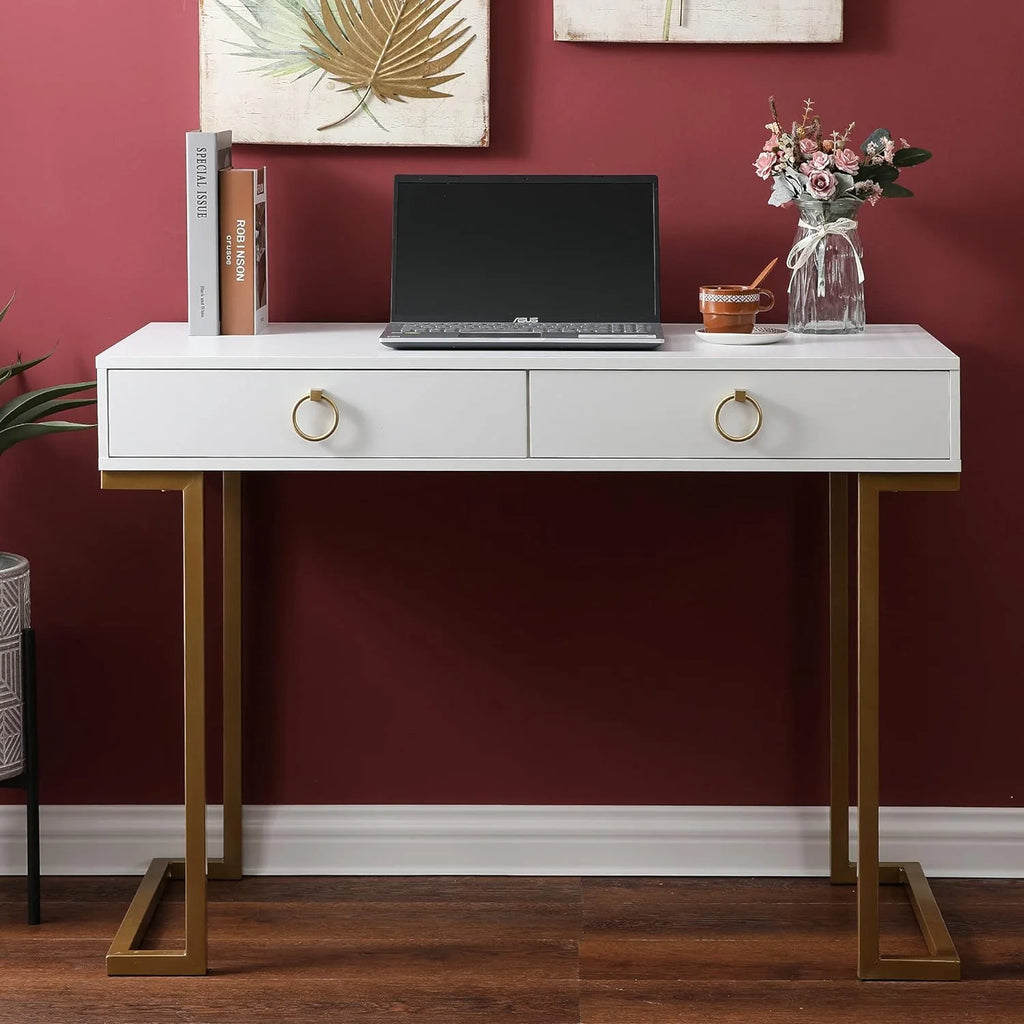 White Gold 2 Drawer Wood Metal Desk I135436