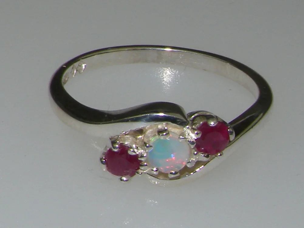18k White Gold Natural Opal & Ruby Trilogy Ring Y586