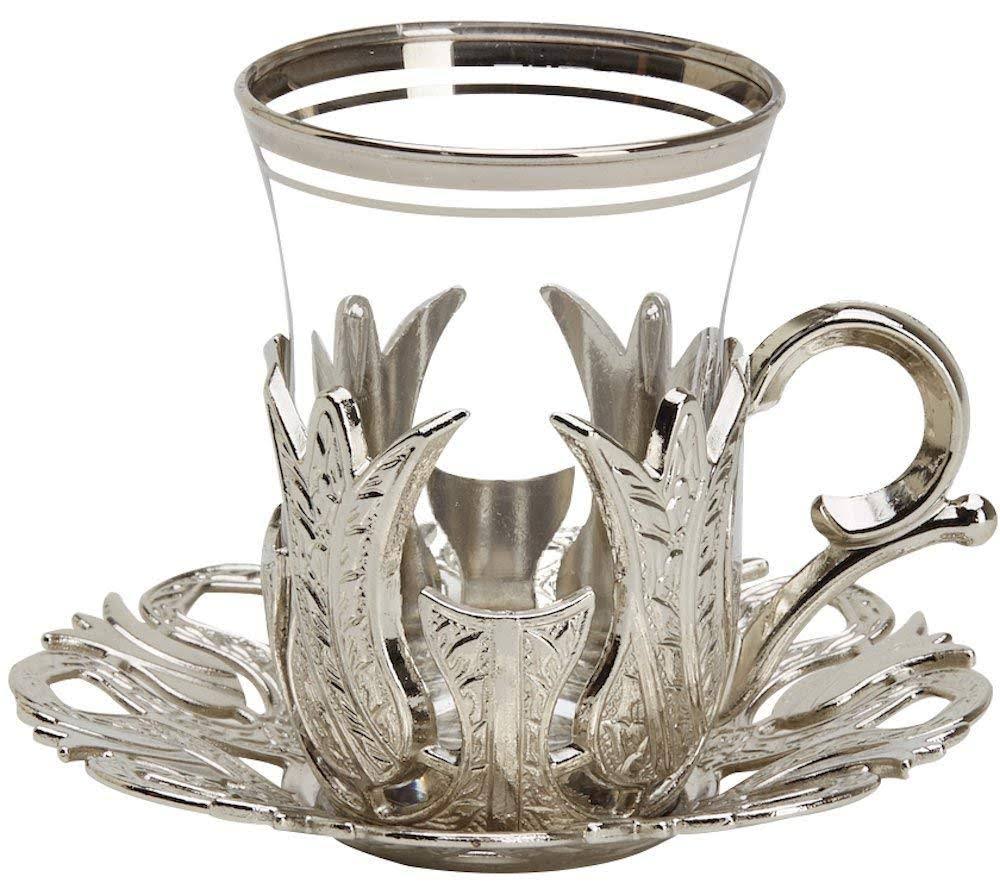 6 x Turkish Tea Glasses Set with Saucers Holders & Spoons (Silver) M696513