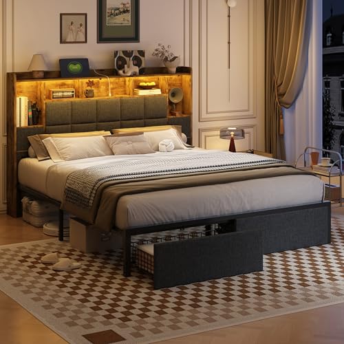 Full Size LED Upholstered Platform Bed Frame with Bookshelf Headboard and 2 Hidden Storage Drawers D685