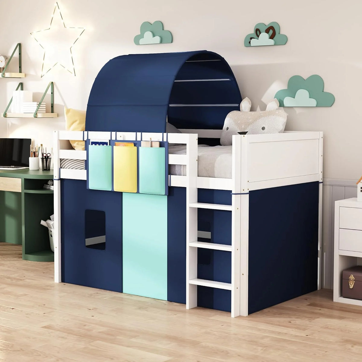 Blue Wood Low Loft Bed Frame with Tent, Tower and Three Pockets V64672