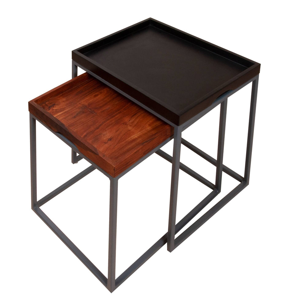 2 Piece Wooden Tray Top Nesting Table Set with Metal Frame, Brown and Black J902