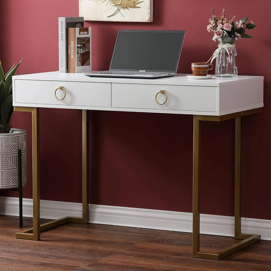 White Gold 2 Drawer Wood Metal Desk I135436