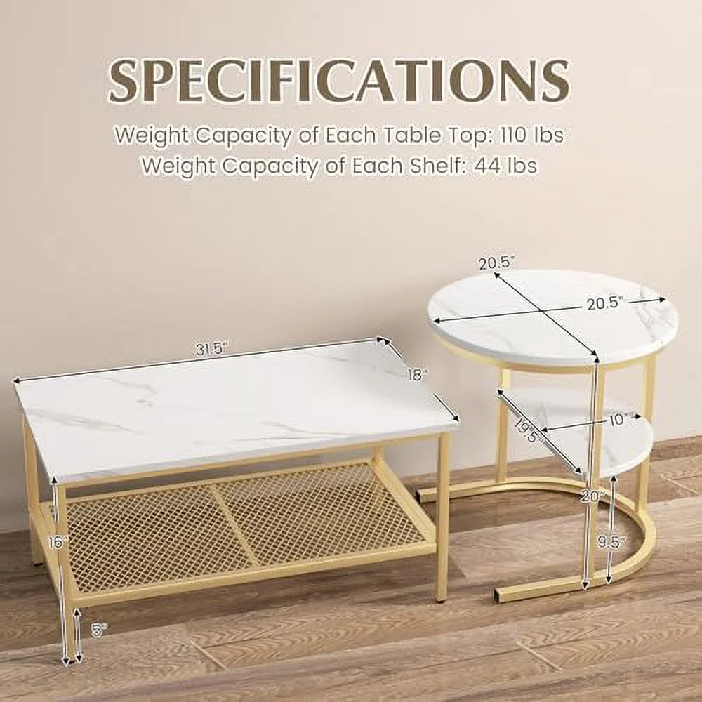 2 PCS Faux Marble Top Coffee Table Set I7945