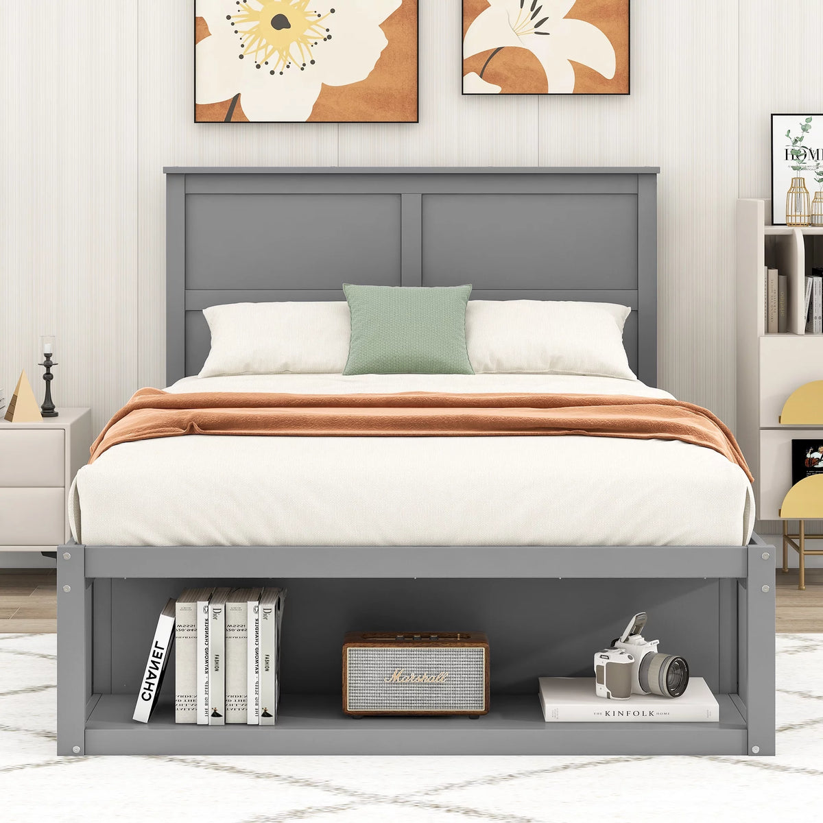 Full Size Wooden Platform Bed with Drawer and Shelf I2687