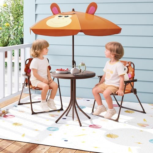 Kids Picnic Table and Chair Set with 2 Folding Chairs & Removable Umbrella I354359