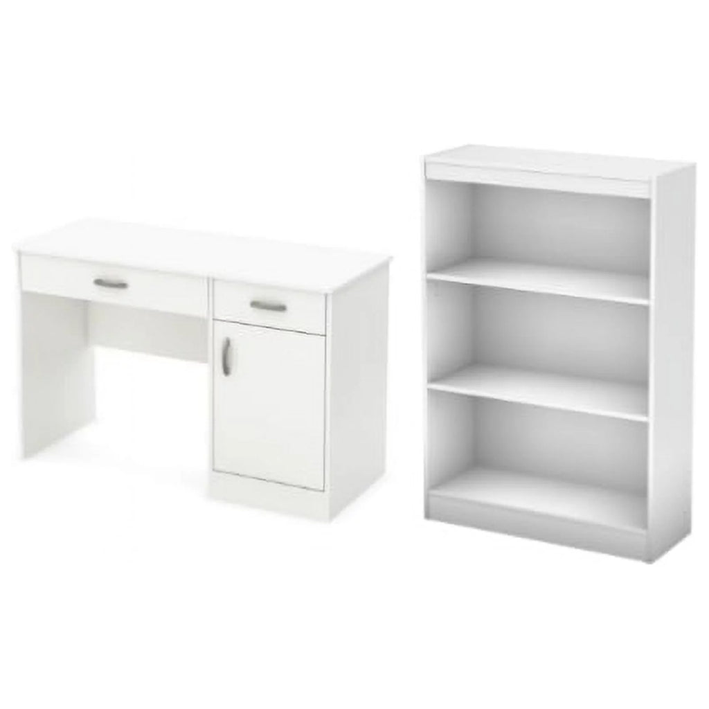 Small Desk with Drawers and 3-Shelf Bookcase Set in Pure White A661747