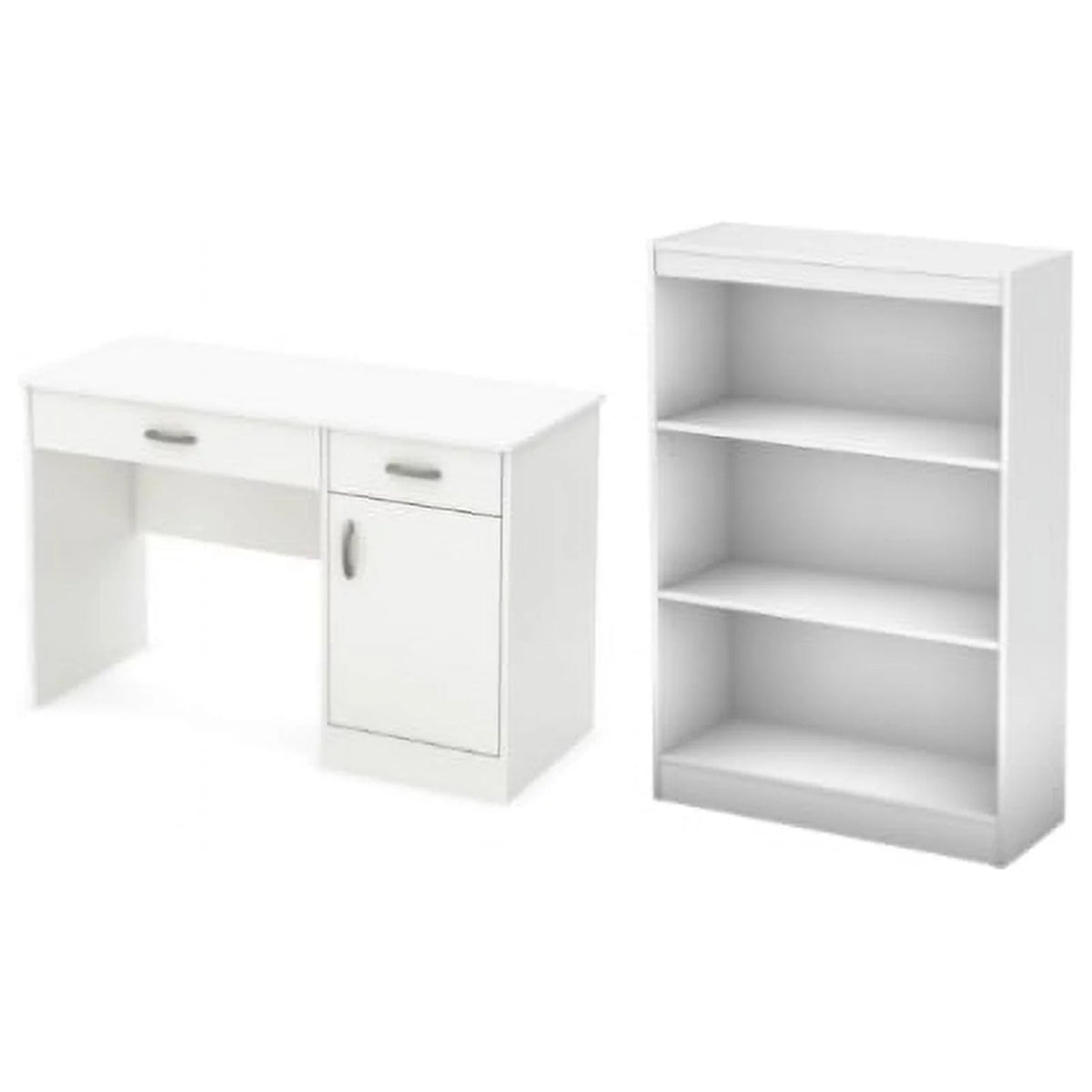 Small Desk with Drawers and 3-Shelf Bookcase Set in Pure White A661747