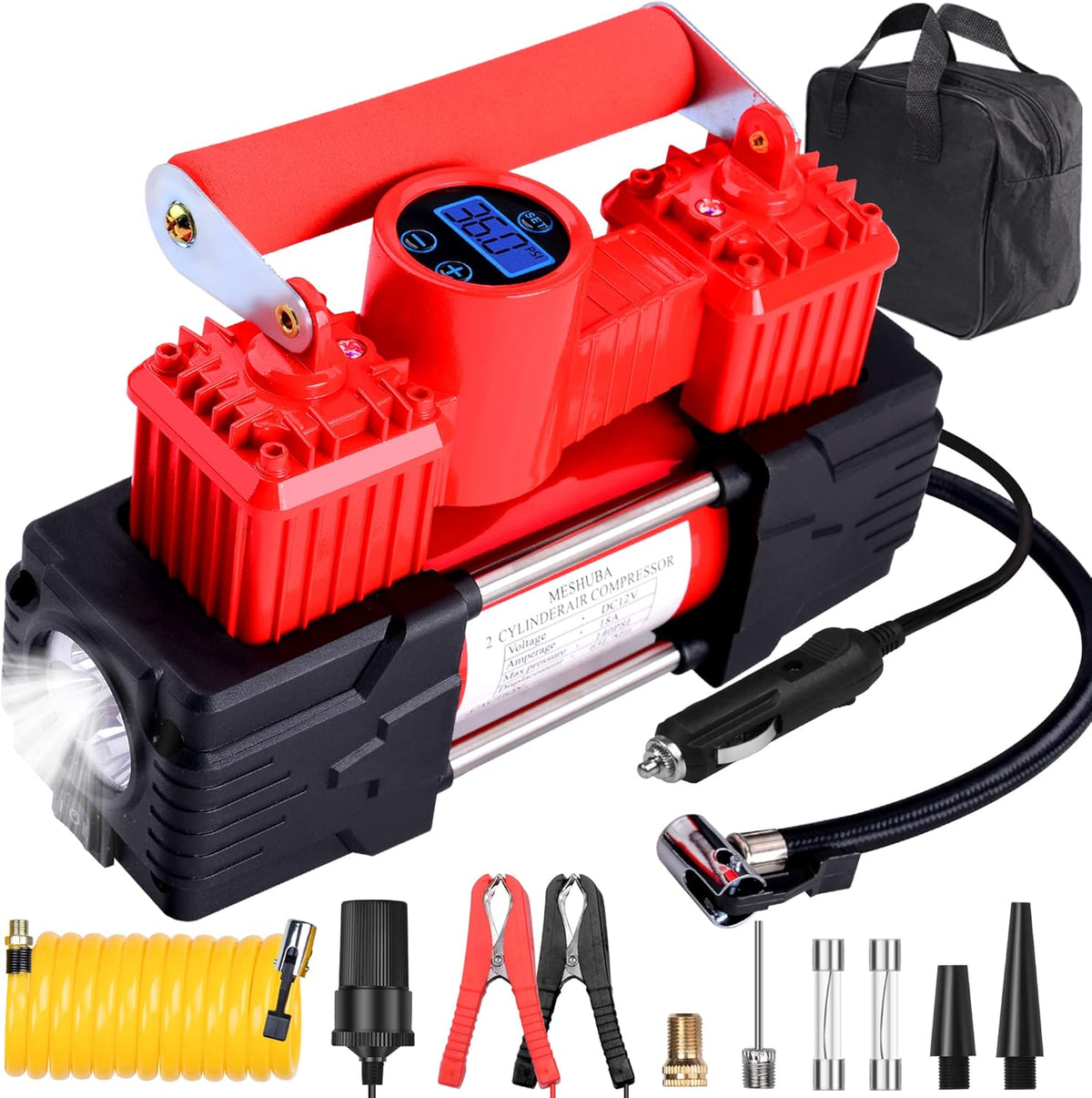 Red Pack of 2 Portable 12V DC Tire Inflator with Digital Gauge and LED Light H98705