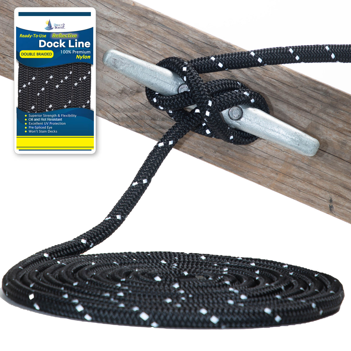 3/8" x 15' Black (2 Pack) Double Braided Nylon Dock Line L884