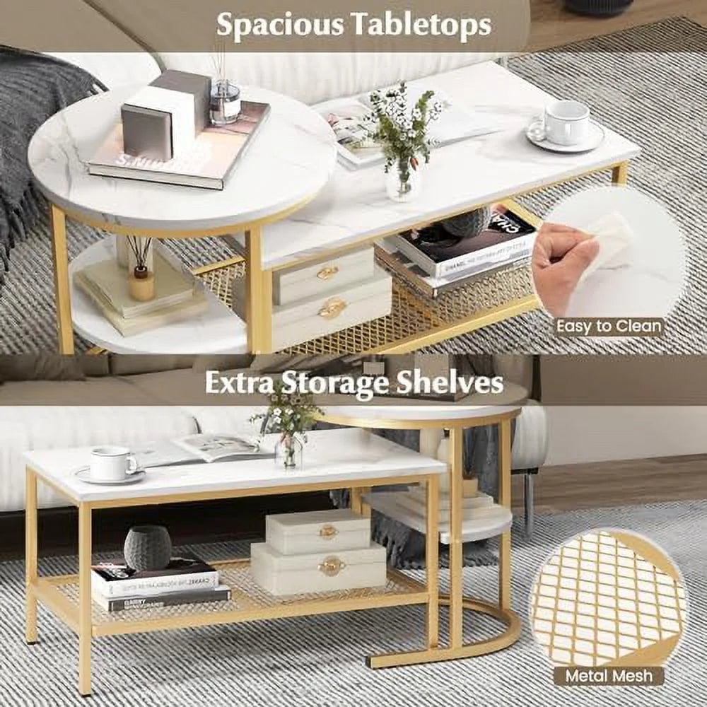 2 PCS Faux Marble Top Coffee Table Set I7945