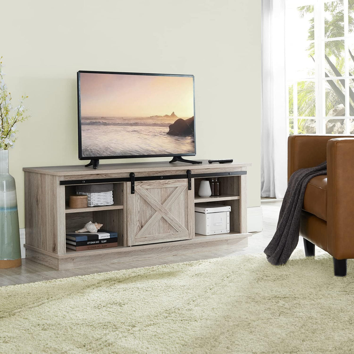 Natural Sliding Barn Door TV Stand with Storage Cabinet and Shelves V118665
