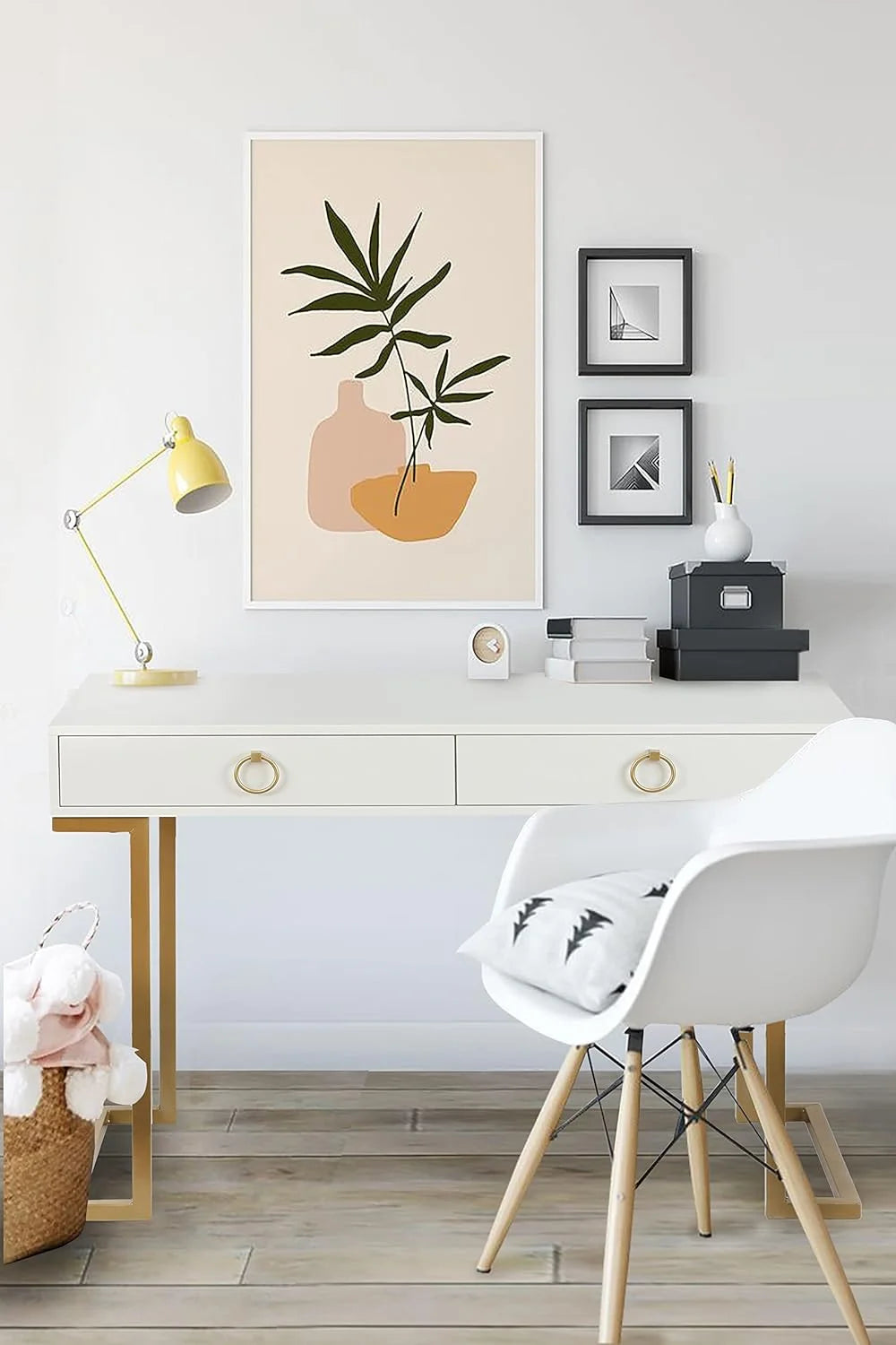 White Gold 2 Drawer Wood Metal Desk I135436