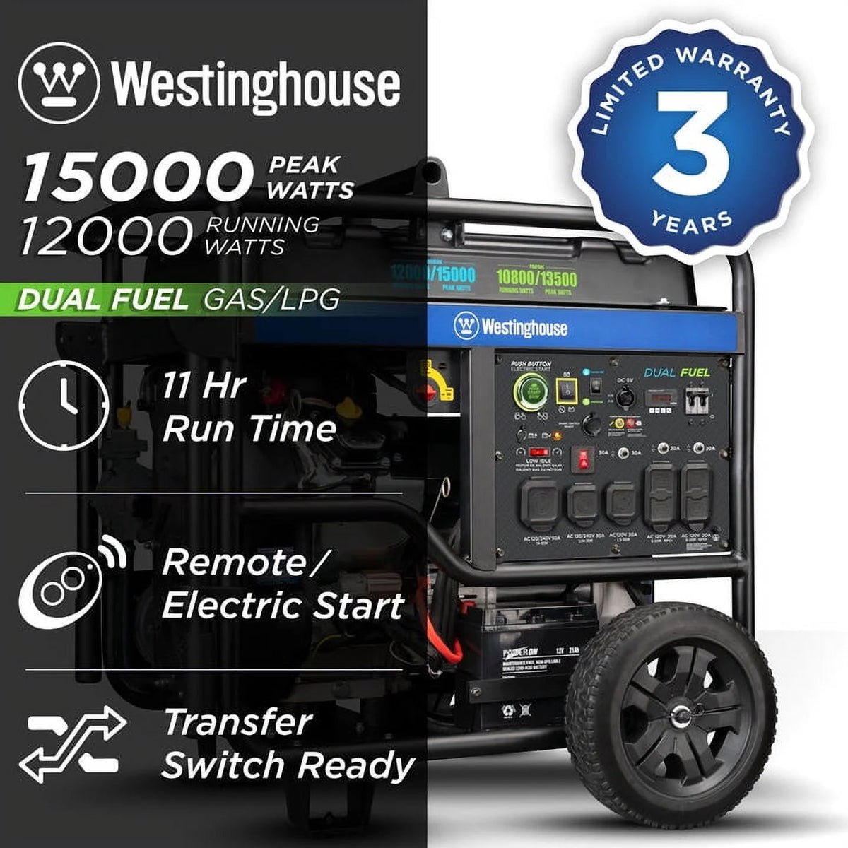 15,000 Peak Watt Dual Fuel Portable Generator D929