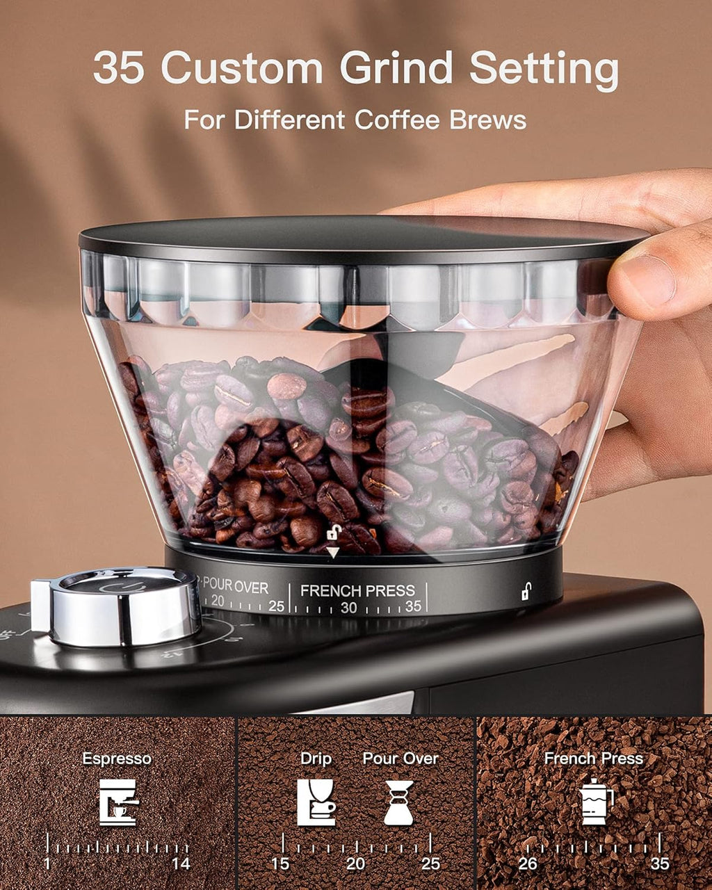 Stainless Steel Conical Burr Coffee Grinder with 35 Grind Settings D879