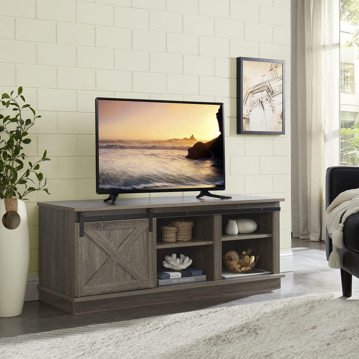 Natural Sliding Barn Door TV Stand with Storage Cabinet and Shelves V118665