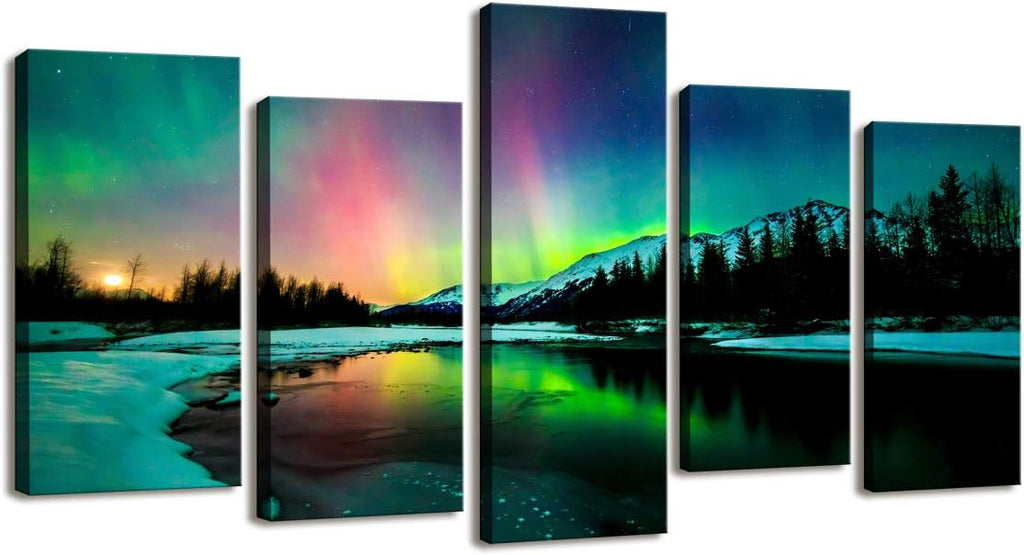 5 Pieces Green Aurora Borealis Scenery Canvas Prints Ready to Hang F799469