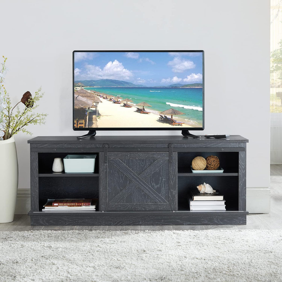 Natural Sliding Barn Door TV Stand with Storage Cabinet and Shelves V118665
