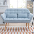 Light Blue Linen Fabric Loveseat Sofa with 2 Pillows Wood Legs Q688982