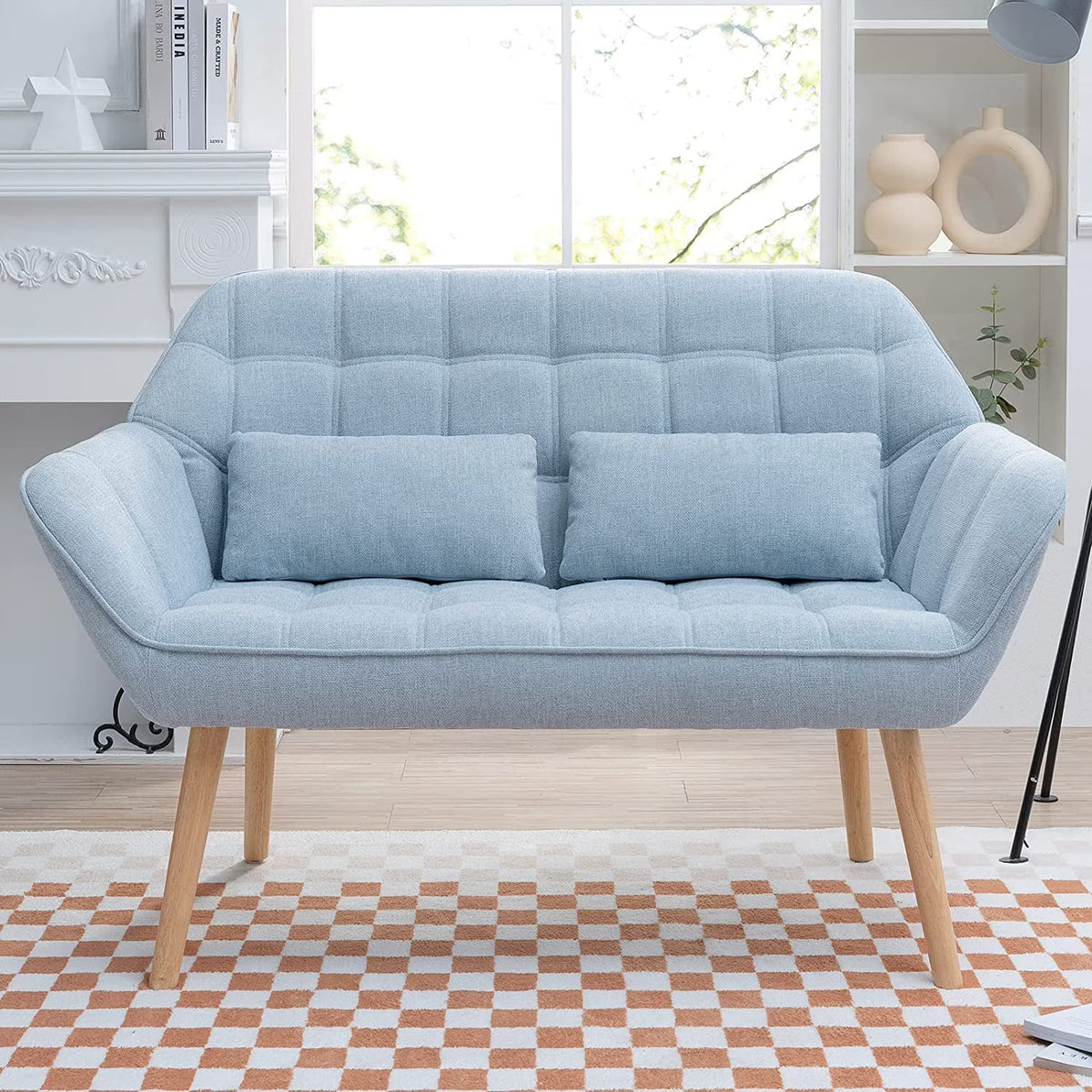 Light Blue Linen Fabric Loveseat Sofa with 2 Pillows Wood Legs Q688982
