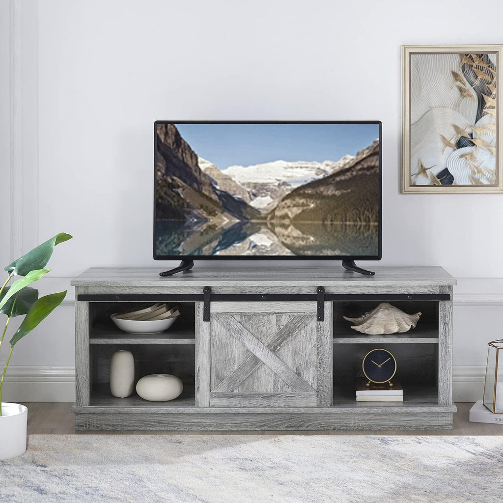 Natural Sliding Barn Door TV Stand with Storage Cabinet and Shelves V118665