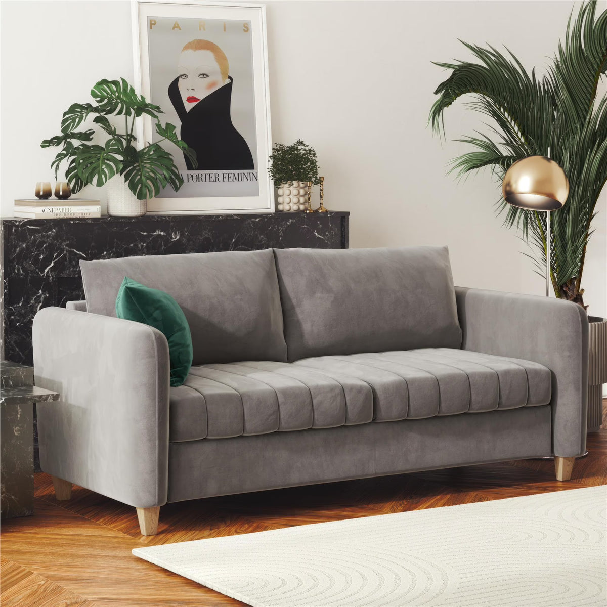 Light Gray Velvet Tufted Sofa Q5616