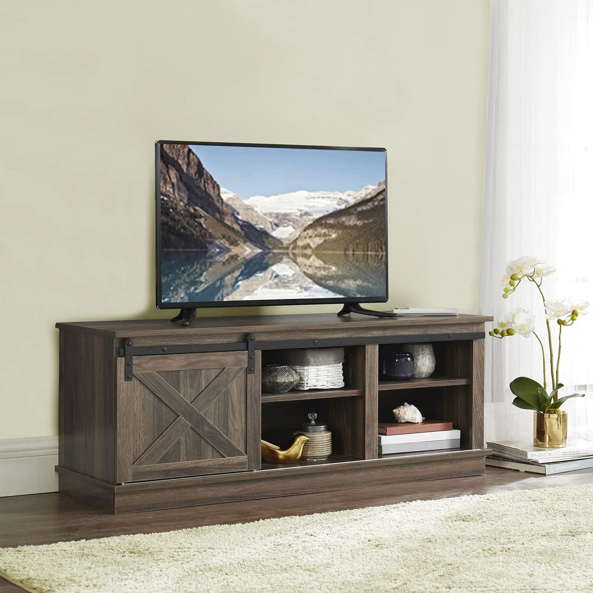 Natural Sliding Barn Door TV Stand with Storage Cabinet and Shelves V118665