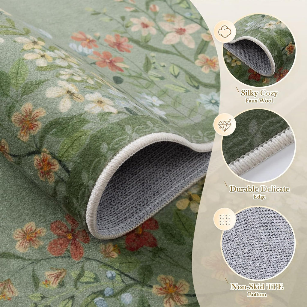 Green Floral 4x6 Washable Low-Pile Area Rug G46025