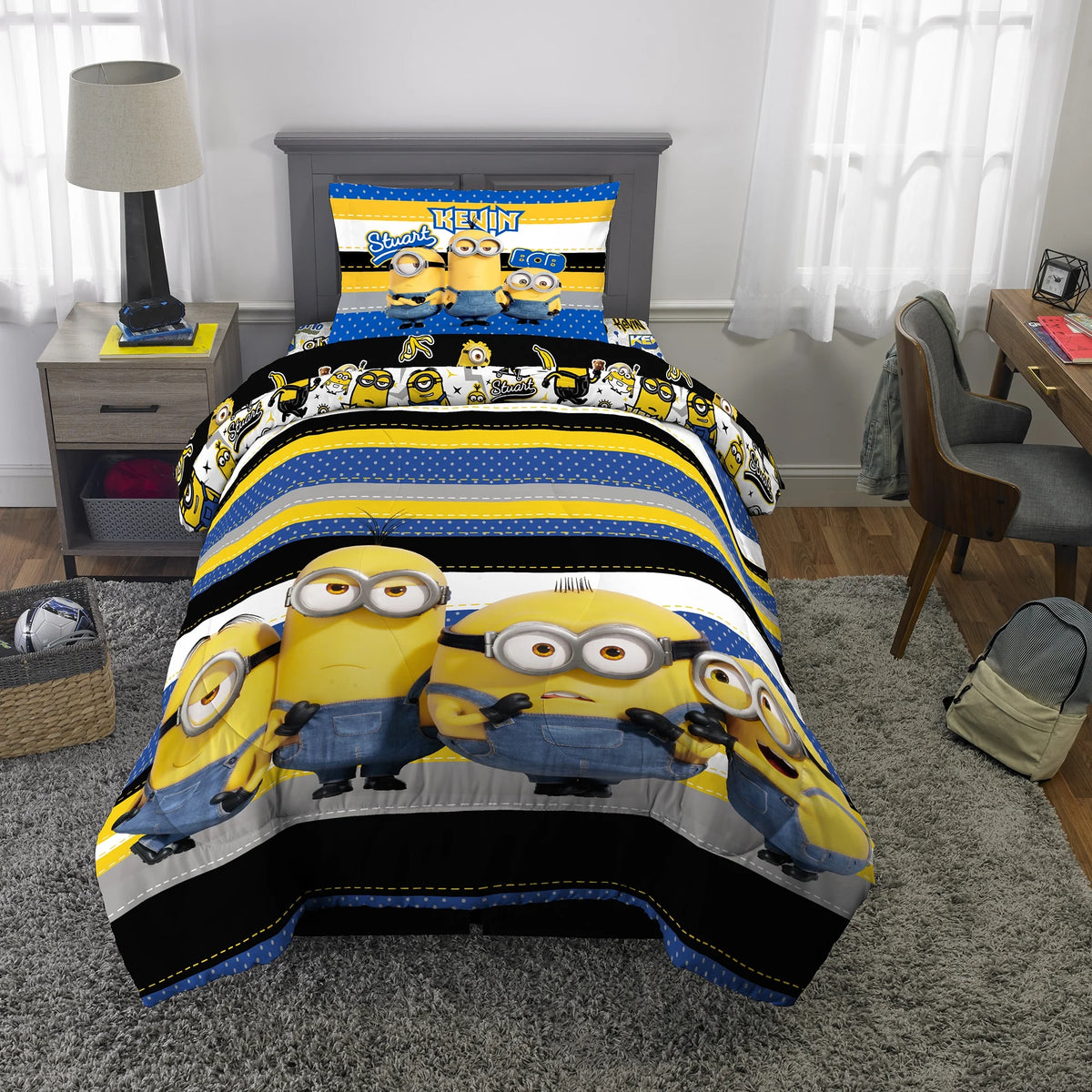Reversible Blue and Yellow Kids Comforter and Sham Set I7513