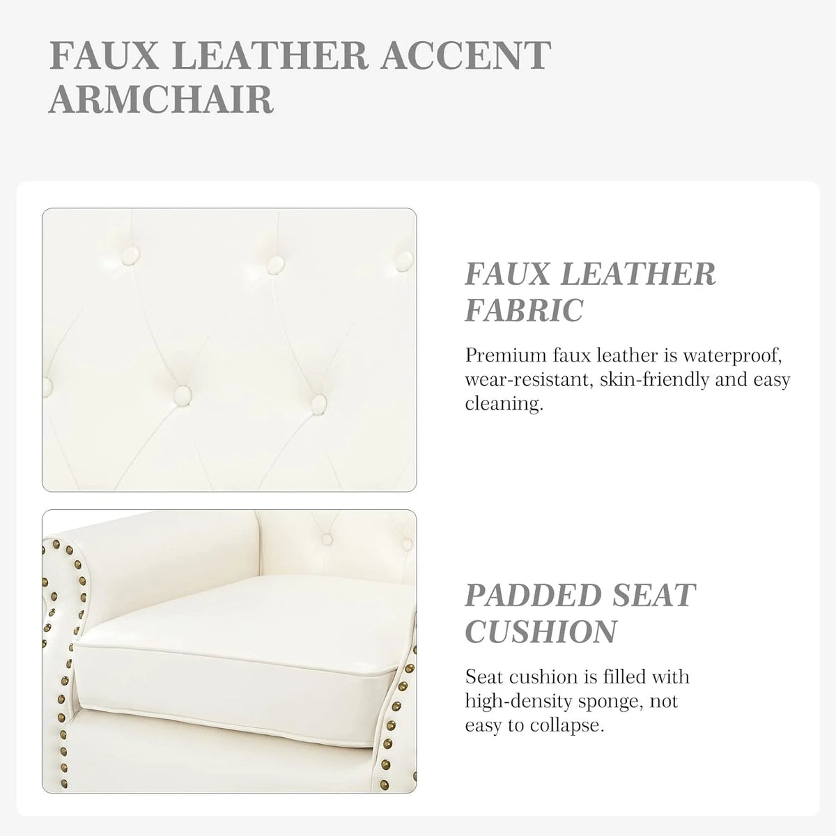 Ivory Faux Leather Accent Chair with Solid Wood Legs F1726
