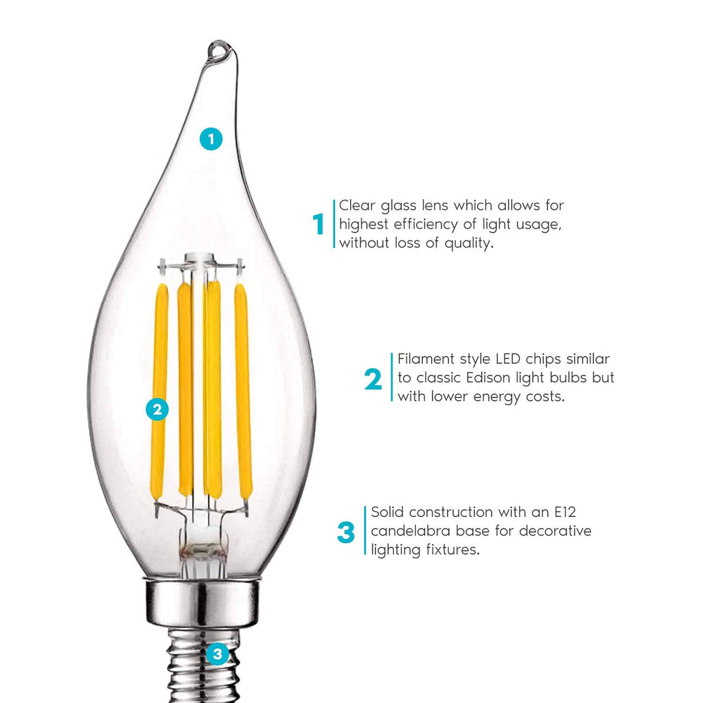 Vintage Candelabra E12 LED Bulb 5w, 550 Lumens, 2700K Warm White, Dimmable, Flame Tip Clear Glass (24 Pack) L3303