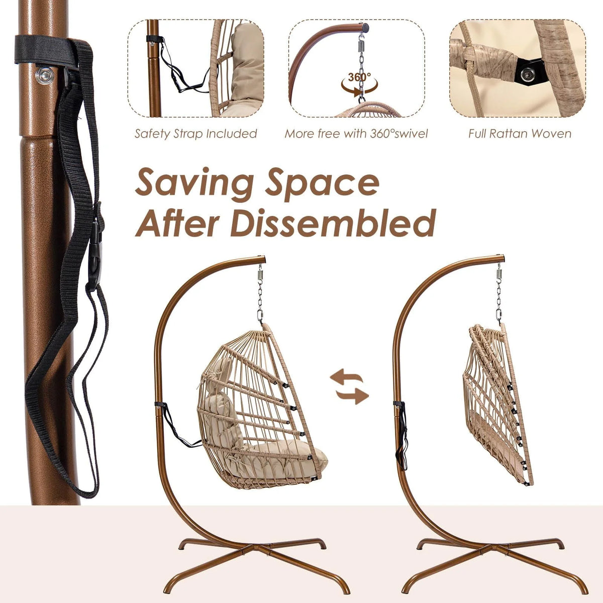 Foldable Brown PE Wicker Hanging Egg Chair with Stand Q4025