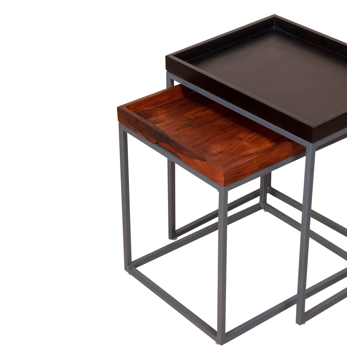 2 Piece Wooden Tray Top Nesting Table Set with Metal Frame, Brown and Black J902
