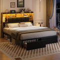 Full Size LED Upholstered Platform Bed Frame with Bookshelf Headboard and 2 Hidden Storage Drawers D685