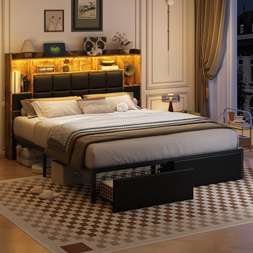 Full Size LED Upholstered Platform Bed Frame with Bookshelf Headboard and 2 Hidden Storage Drawers D685