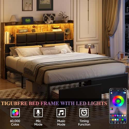 Full Size LED Upholstered Platform Bed Frame with Bookshelf Headboard and 2 Hidden Storage Drawers D685