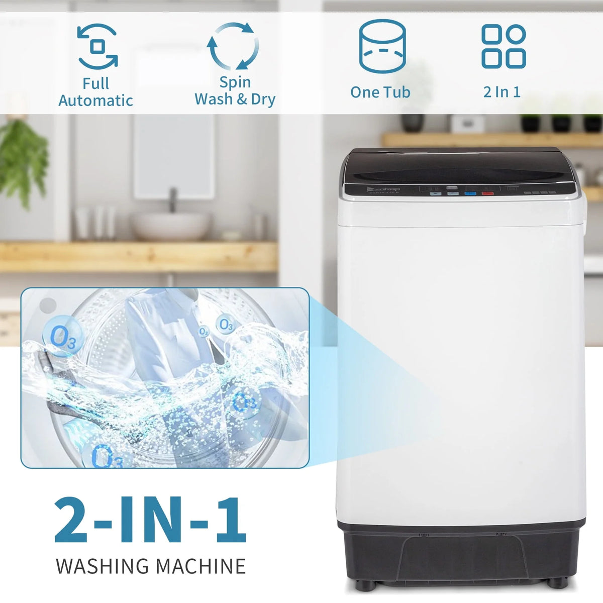 Full Automatic Washing Machine, Portable Laundry Washer with Drain Pump, White And Black S275497