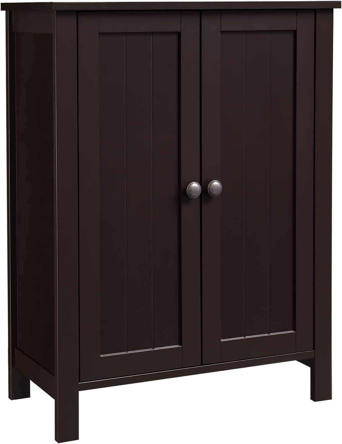 Brown Double Door Bathroom Floor Storage Cabinet with Adjustable Shelf R729295