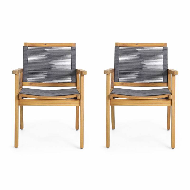 Acacia Wood Dining Chair with Rope Seating (Set of 2), Teak and Dark Gray F84885