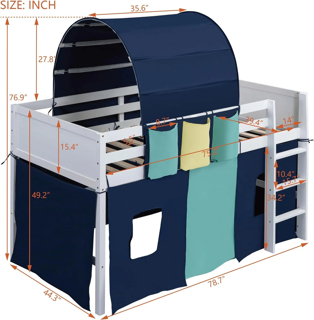 Blue Wood Low Loft Bed Frame with Tent, Tower and Three Pockets V64672