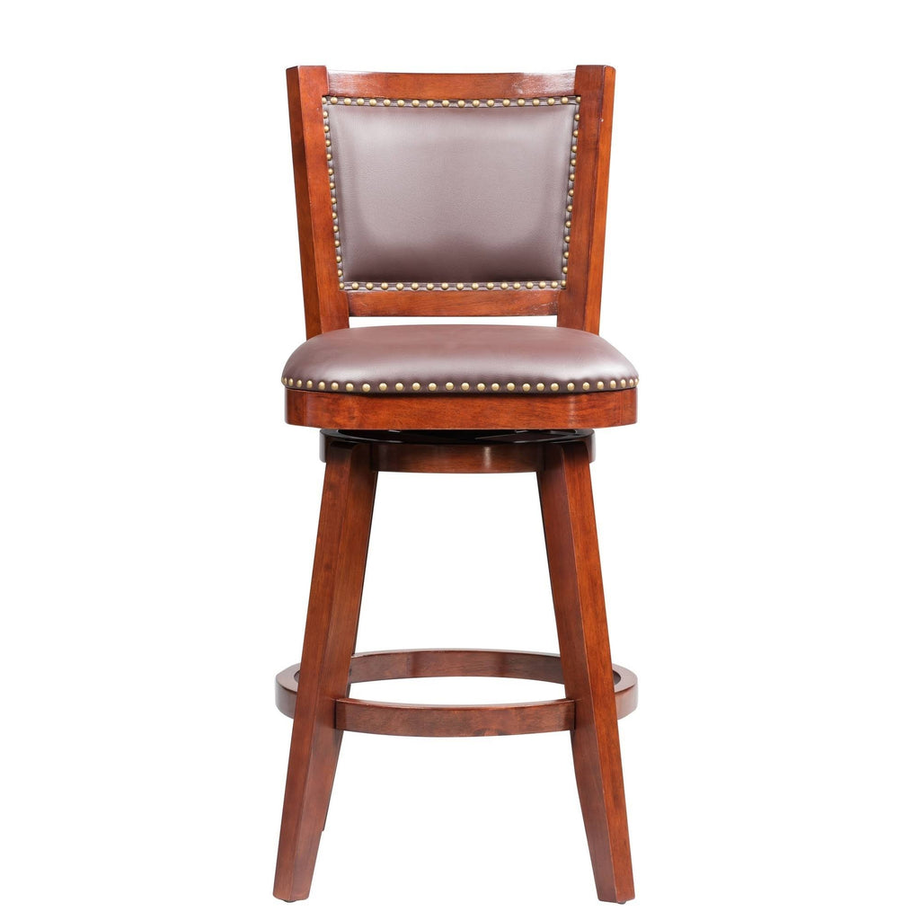 Cherry Brown Swivel Bar Stool with Curved Padded Back and Nailhead Trim P857176