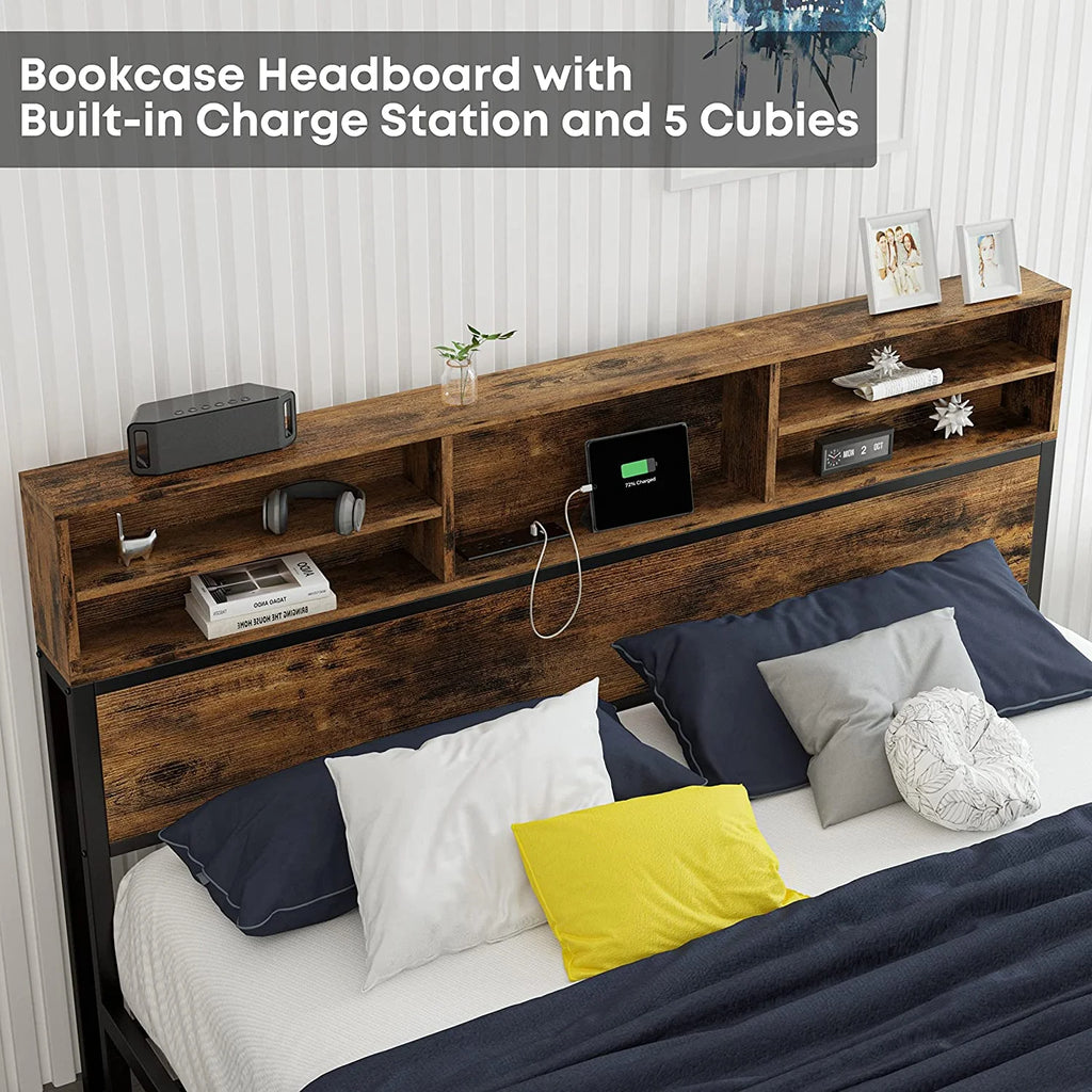 Full Bed Frame with Bookcase Headboard and Charging Station J42237